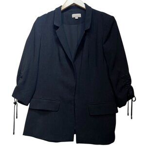 Loft Women's Preppy Cardigan Blazer Ruched Sleeve Size 8 Black Pockets
